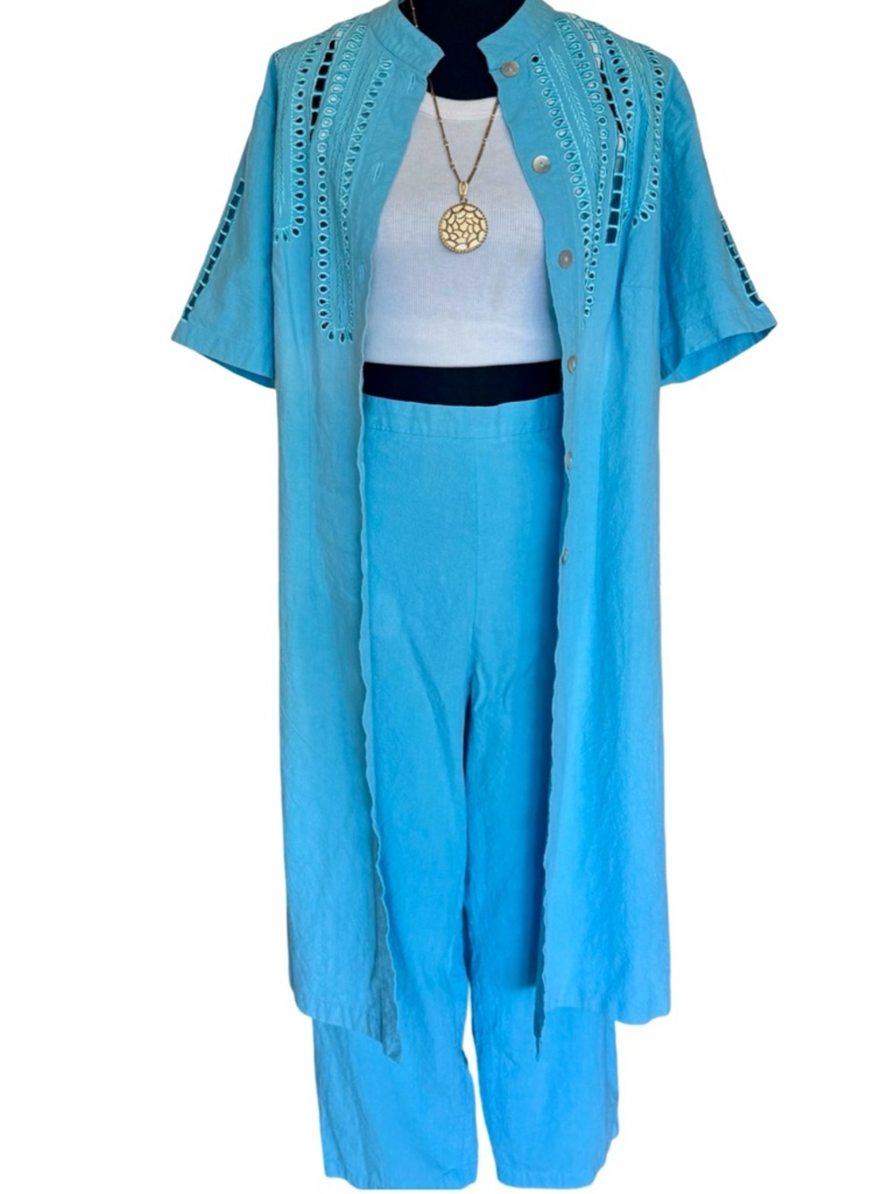 Vintage Izcalli Blue Cutwork Two Piece Jacket + Pants Set -Mexico - XL